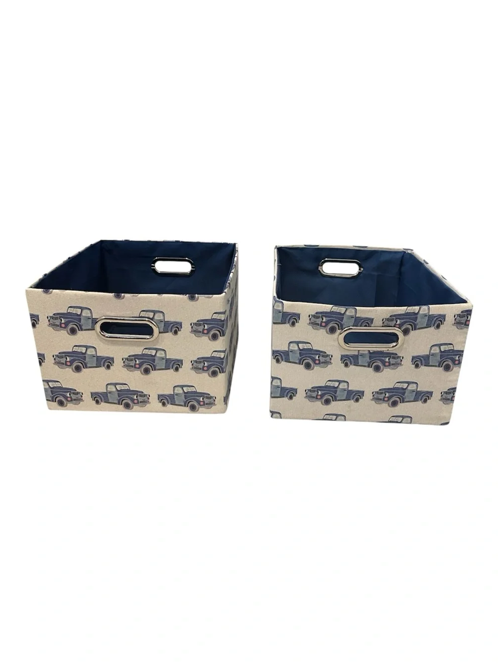 Fabric Storage Bin with Blue Truck Print - Navy Lined